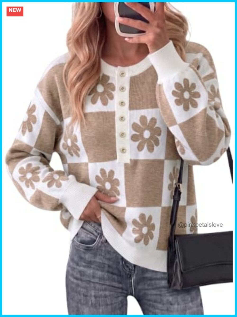 Crewneck Floral Plaid Button Down Knit Pullover Sweater Loose Fit